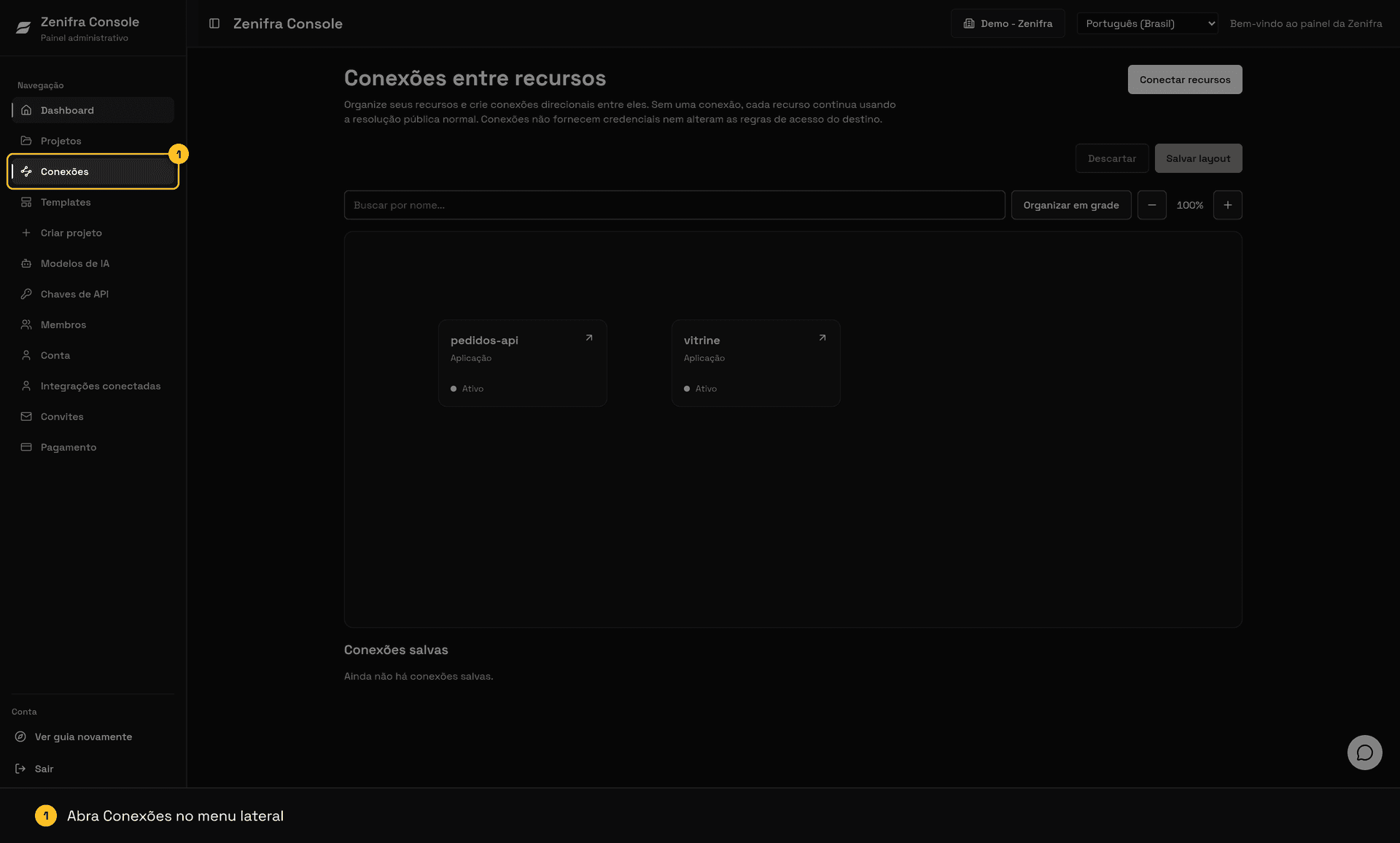 Mapa de Conexões no console, com os cartões das aplicações vitrine e pedidos-api e o item Conexões destacado no menu lateral