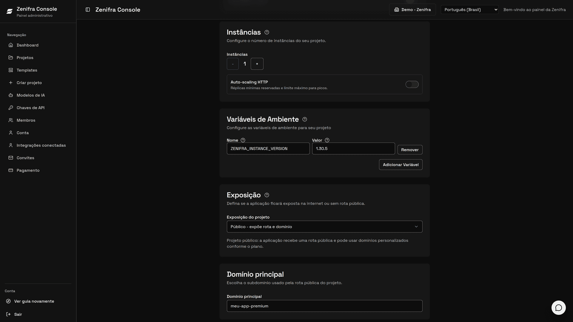Seção Instâncias de Editar projeto com o número de instâncias e o Auto-scaling HTTP