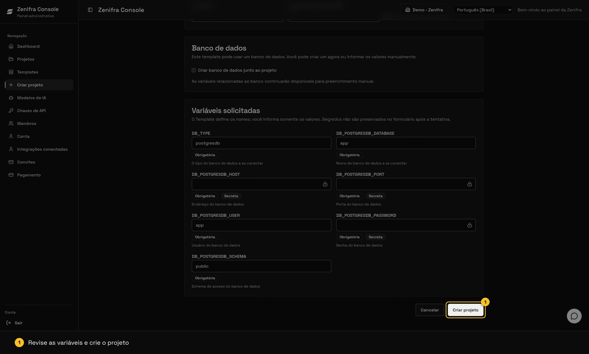 Variáveis solicitadas preenchidas e botão Criar projeto destacado