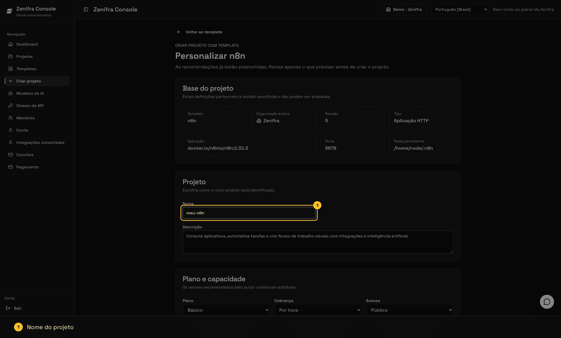 Página Personalizar n8n com o nome do projeto destacado